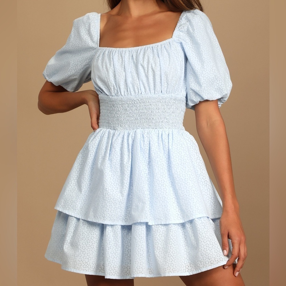 Lulus Tiers To Me Light Blue Puff Sleeve Tiered Skater Mini Dress